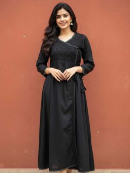 The Chikan Label - Black Cotton Chikankari Slit Angrakha