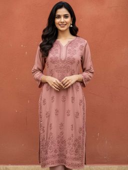 The Chikan Label - Coral Modal Chikankari Straight Kurta
