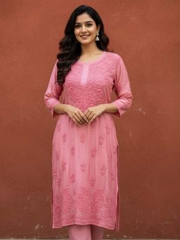 The Chikan Label - Bubble-gum Muslin Chikankari Straight Kurti