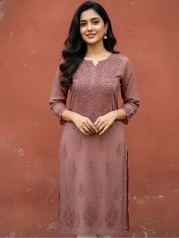 The Chikan Label - Choco Kota Cotton Chikankari Straight Kurti