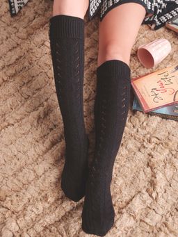 Bharatasya - Black Fine Knitted Knee Length Long Winter Socks