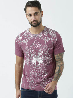 Huetrap - Mens Round Neck Half Sleeves Plum T-shirt