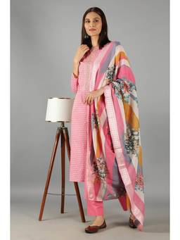 Barara Ethnic - Rose Pink Floral Printed Kurta With Dupatta (Set of 3)