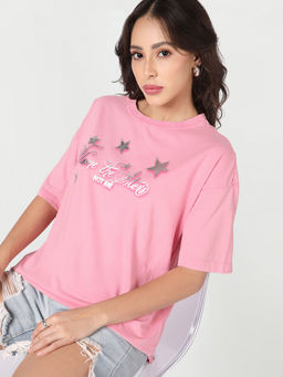 Bewakoof - Women's Bubblegum Pink Blame Stars Oversized Acid Wash T-Shirt