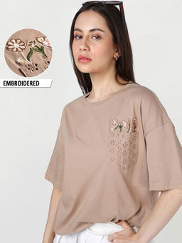 Bewakoof - Women Warm Brown Embroidered Oversized T-shirt