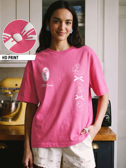 Bewakoof - Women's Pink Bunny Printed Oversized T-Shirt
