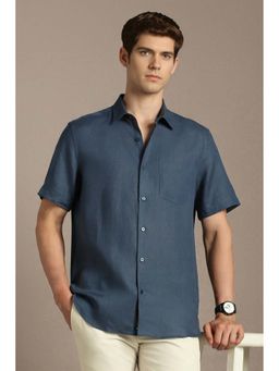 Louis Philippe - Men Navy Blue Solid Half Sleeves Formal Shirt