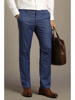 Louis Philippe - Men Blue Slim Fit Solid Flat Front Formal Trousers