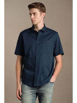 Louis Philippe - Men Navy Blue Regular Fit Solid Half Sleeves Casual Shirt