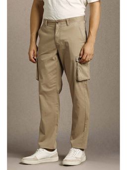 Louis Philippe - Men Beige Regular Fit Solid Flat Front Casual Trousers