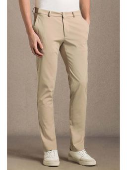 Louis Philippe - Men Beige Slim Tapered Fit Solid Flat Front Casual Trousers