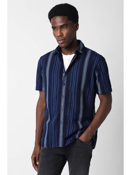 Van Heusen - Men Navy Blue Relaxed Fit Stripe Half Sleeves Casual Shirt