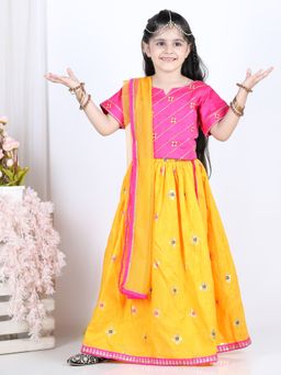 Kinder Kids - Yellow Brocade Lehenga With Pink Embroidered Blouse & Dupatta (Set of 3)