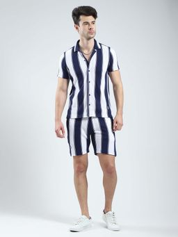 Monte Carlo - Men Navy Blue Stripes Collar Neck Co-Ord (Set of 2)