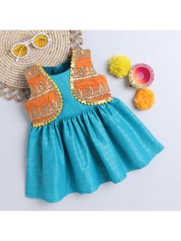 Many Frocks - Girls Blue Embellished Satin Dress with Jacket