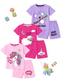 Kuchipoo - Girls Multi-Color Printed Cotton Blend Co-Ord Set (Pack of 3)