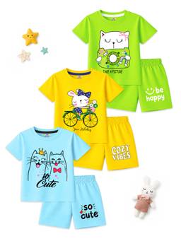 Kuchipoo - Girls Multi-Color Printed Cotton Blend Co-Ord Set (Pack of 3)