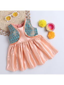 Many Frocks - Girls Peach Embellished Satin Dress with Jacket