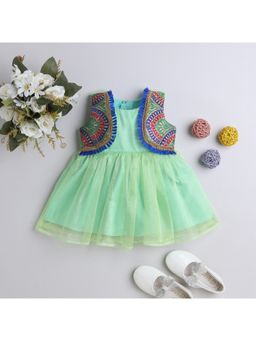 Many Frocks - Girls Green Embellished Net Dress with Jacket