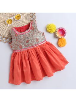 Many Frocks - Girls Orange Embellished Brocade Dress with Jacket