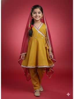 Cutiediva - Girls Mustard Solid Silk Blend Anarkali Kurta and Pant with Dupatta
