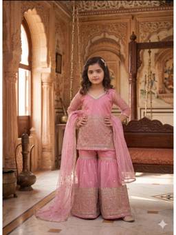 Cutiediva - Girls Peach Embroidered Net Kurta and Sharara with Dupatta