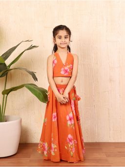 Evaraah - Girls Orange Floral Cotton Top with Skirt