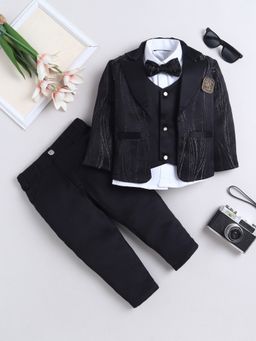 FOURFOLDS - Boys Black Stripes Polyester Blazer, Shirt, Trouser, Bowtie