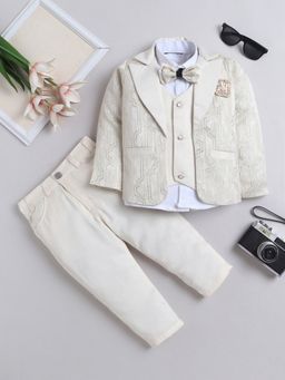 FOURFOLDS - Boys Cream Woven Polyester Blazer, Shirt, Trouser, Bowtie