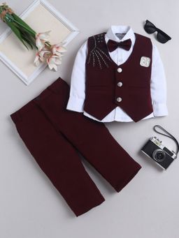 FOURFOLDS - Boys Maroon Embroidered Cotton Blend Waistcoat, Shirt and Trouser with Bowtie