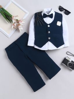 FOURFOLDS - Navy Blue Embroidered Cotton Waistcoat, Shirt and Trouser with Bowtie