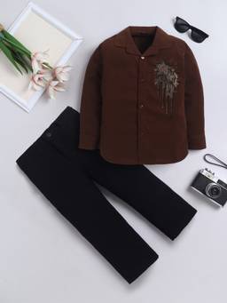 FOURFOLDS - Boys Brown Embellished Cotton Blend Shirt with Pant