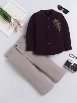 FOURFOLDS - Boys Wine Embellished Cotton Blend Shirt with Trouser