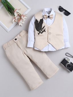 FOURFOLDS - Boys Beige Embellished Polyester Waistcoat, Shirt and Trouser with Bowtie