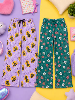 KiddoPanti - Girls Multi-Color Printed Cotton Pyjama (Pack of 2)