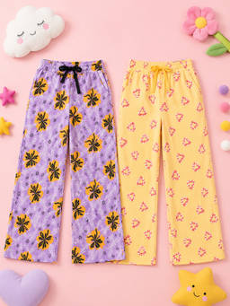 KiddoPanti - Girls Multi-Color Printed Cotton Pyjama (Pack of 2)