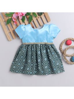 Many Frocks - Girls Blue Printed Satin Dress