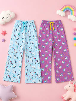 KiddoPanti - Girls Multi-Color Printed Cotton Pyjama (Pack of 2)