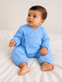 Somersault - Unisex Solid Blue Cotton Pyjama with Jabla