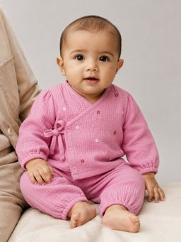 Somersault - Unisex Solid Pink Cotton Pyjama with Jabla