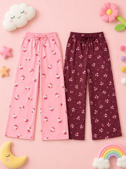 KiddoPanti - Girls Multi-Color Printed Cotton Pyjama (Pack of 2)