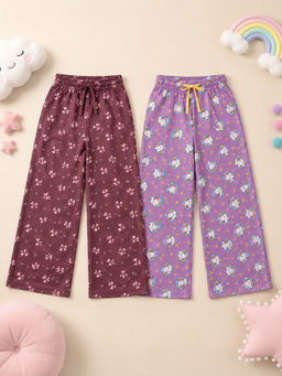 KiddoPanti - Girls Multi-Color Printed Cotton Pyjama (Pack of 2)
