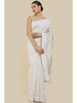 Soch - Women Off White Silk Embroidered Saree with Unstitched Blouse