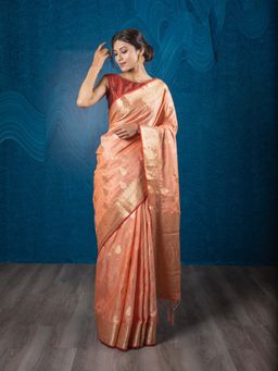 EXCLUSIVA - Orange Tussar Silk Banarasi Woven Saree with Unstitched Blouse
