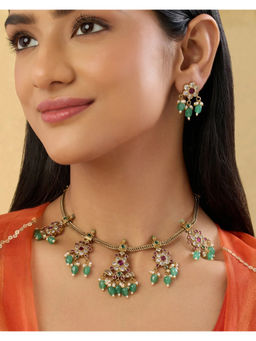 Indinoor - Green Badar Temple Necklace with Earrings