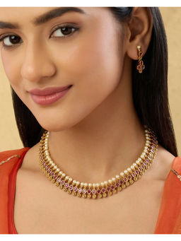Indinoor - Pink Noorani Temple Necklace with Earrings