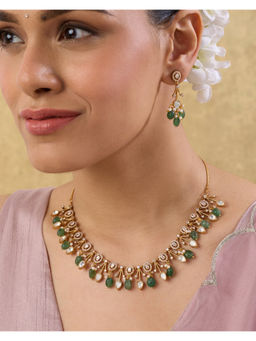 Indinoor - Green Tivanya Kundan Polki Necklace with Earrings