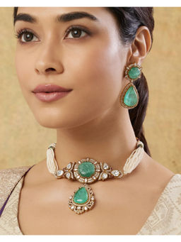 Indinoor - Aqua Melvisha Kundan Polki Necklace with Earrings