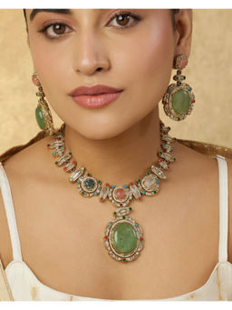 Indinoor - Multi-Color Minaya Kundan Polki Necklace with Earrings