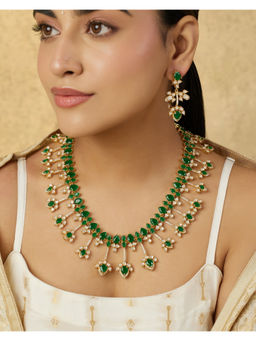 Indinoor - Green Dhanak Kundan Polki Necklace with Earrings